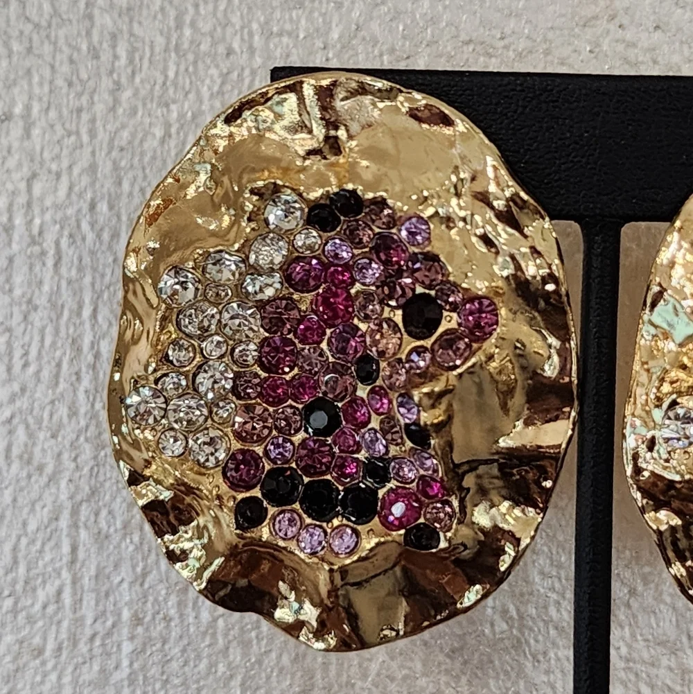 Oval Rhinestone Stud Gold texture and Purple Statement Earrings
